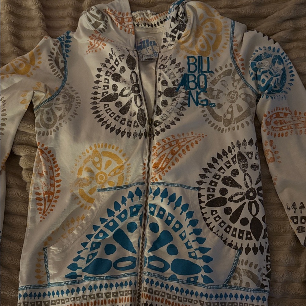 Billabong White Hoodie with Blue and Orange Patterns